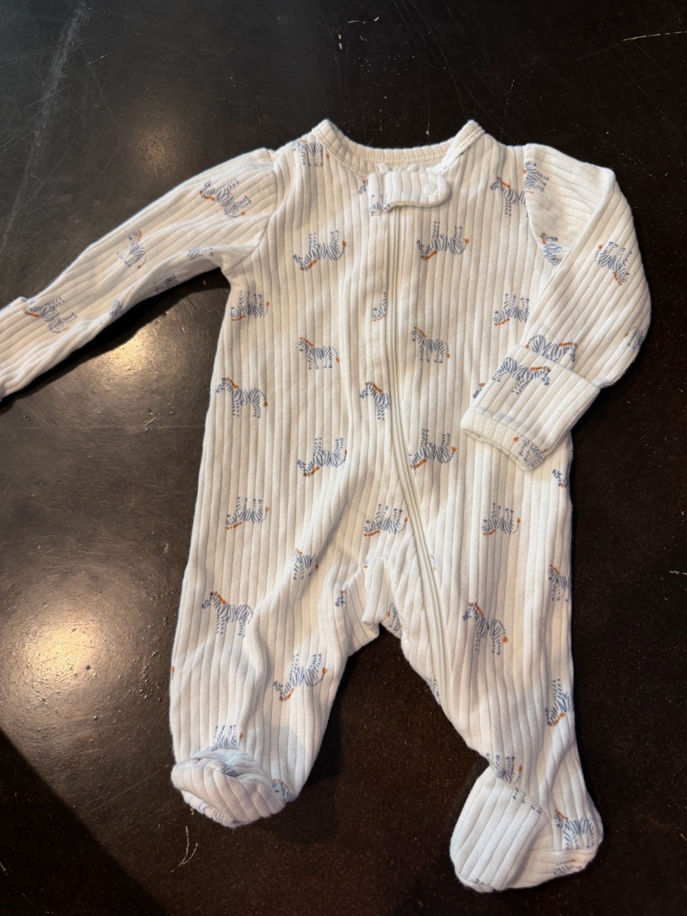 Carter's White Ribbed Zebra-Print Zip One-Piece Footie